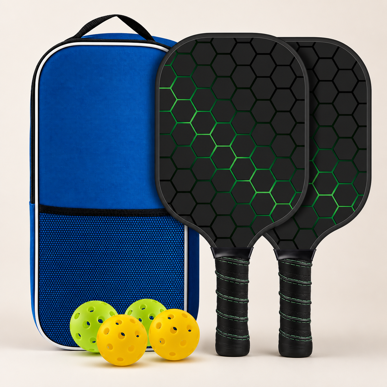 Black & Green Lightweight Fibreglass Starter Set — 2 Paddles, 4 Balls & Bag