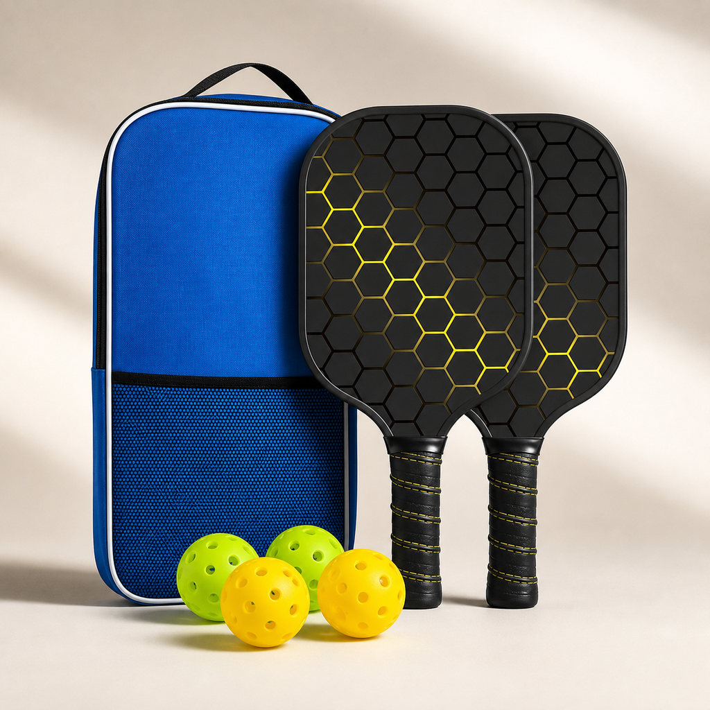Black & Yellow Lightweight Fibreglass Starter Set — 2 Paddles, 4 Balls & Bag