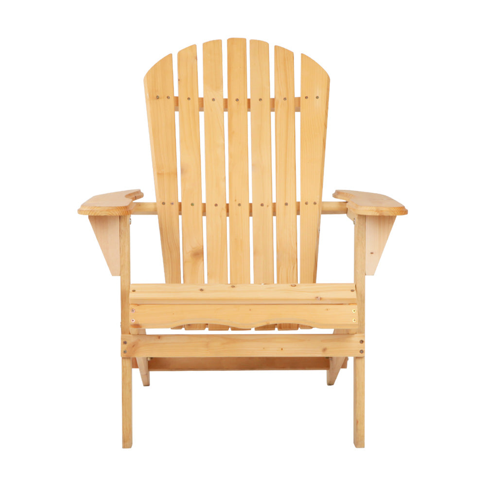 Front view of the natural timber Adirondack chair with slatted back and seat.