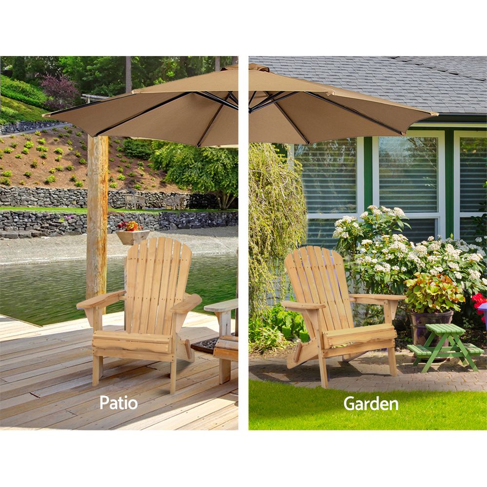 Natural timber Adirondack chair shown in patio and garden settings.