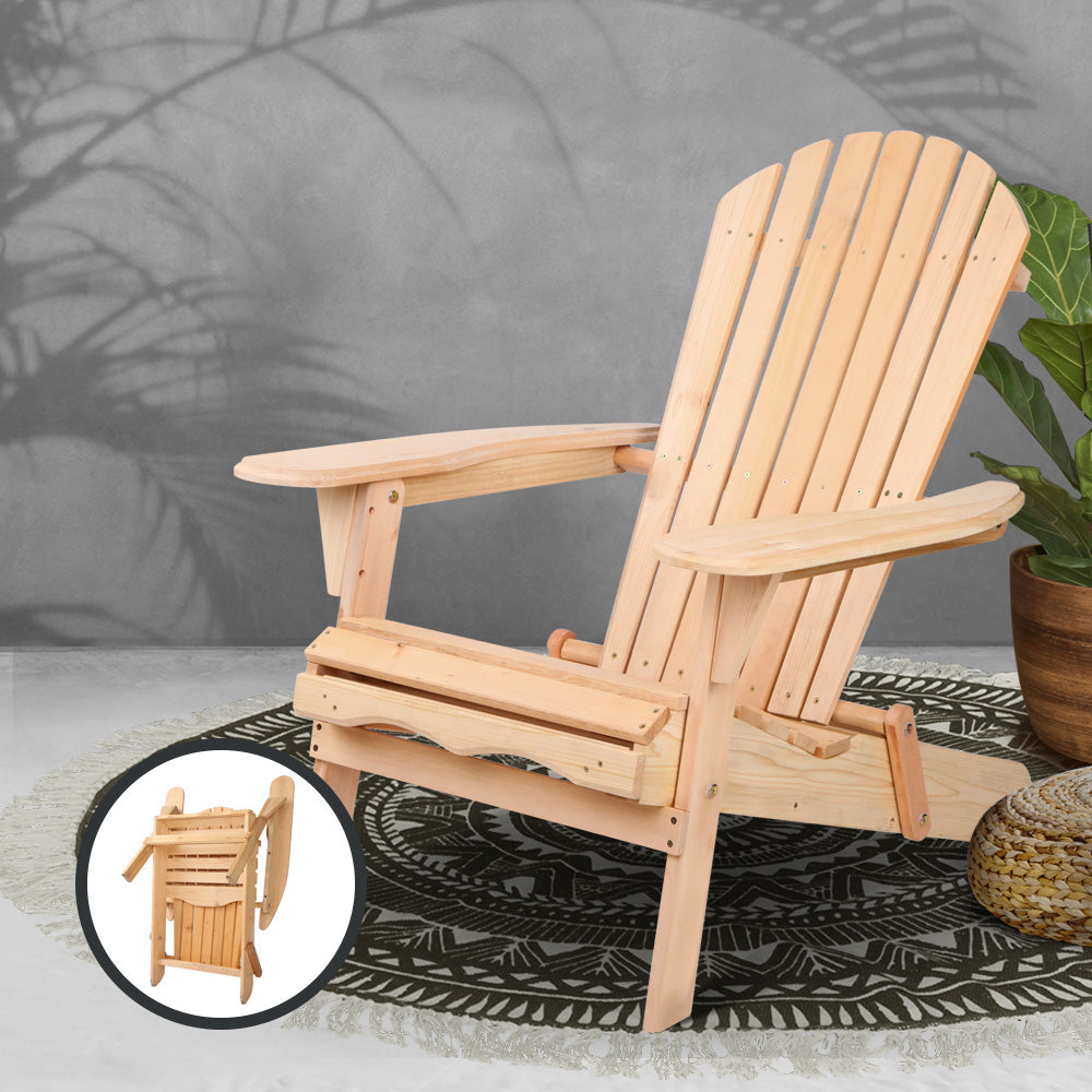 Timber Adirondack chair in a patio setting, with an inset showing it folded.