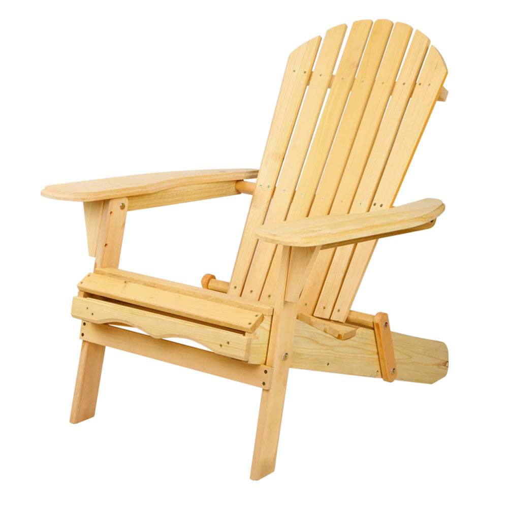 Angled view of the natural timber Adirondack chair on a white background.