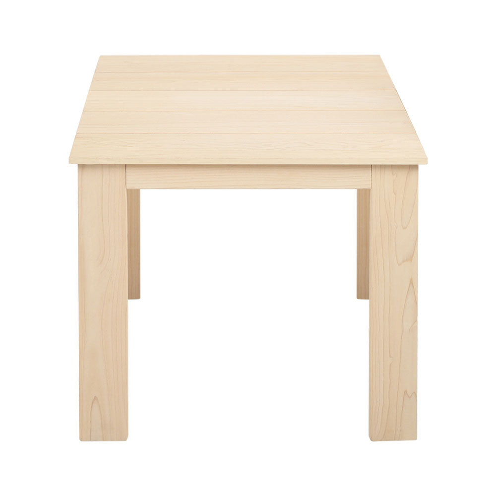 Front view of the natural timber side table and its square tabletop.
