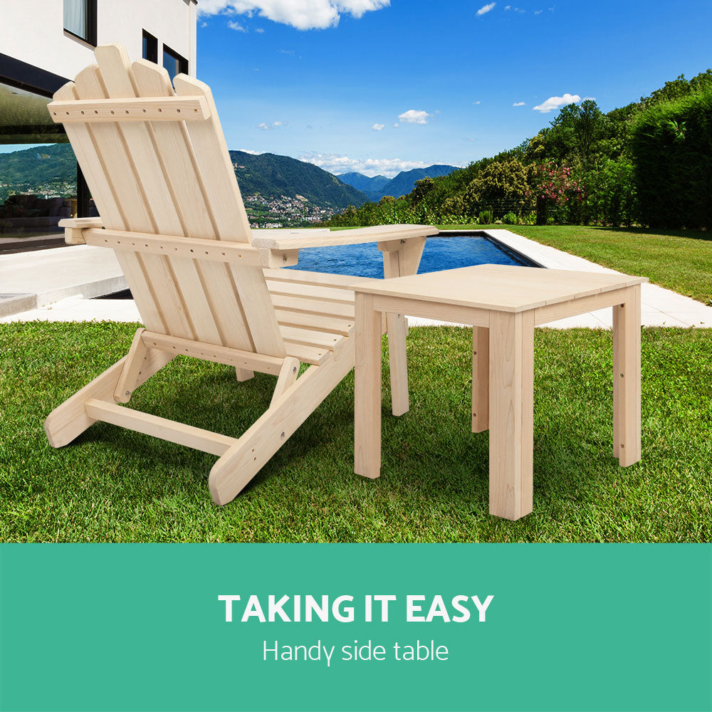 Timber side table beside a timber chair on a lawn near a pool; chair not included.