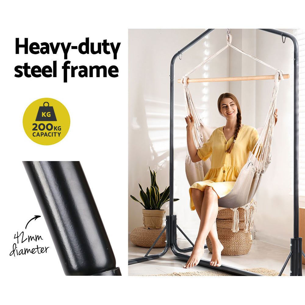 Supplier graphic with a seated person and a 200 kg frame label; the hanging chair's maximum load is 120 kg.
