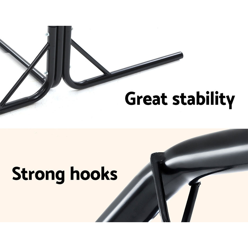 Close-up views of the steel stand's braced feet and hanging hook.