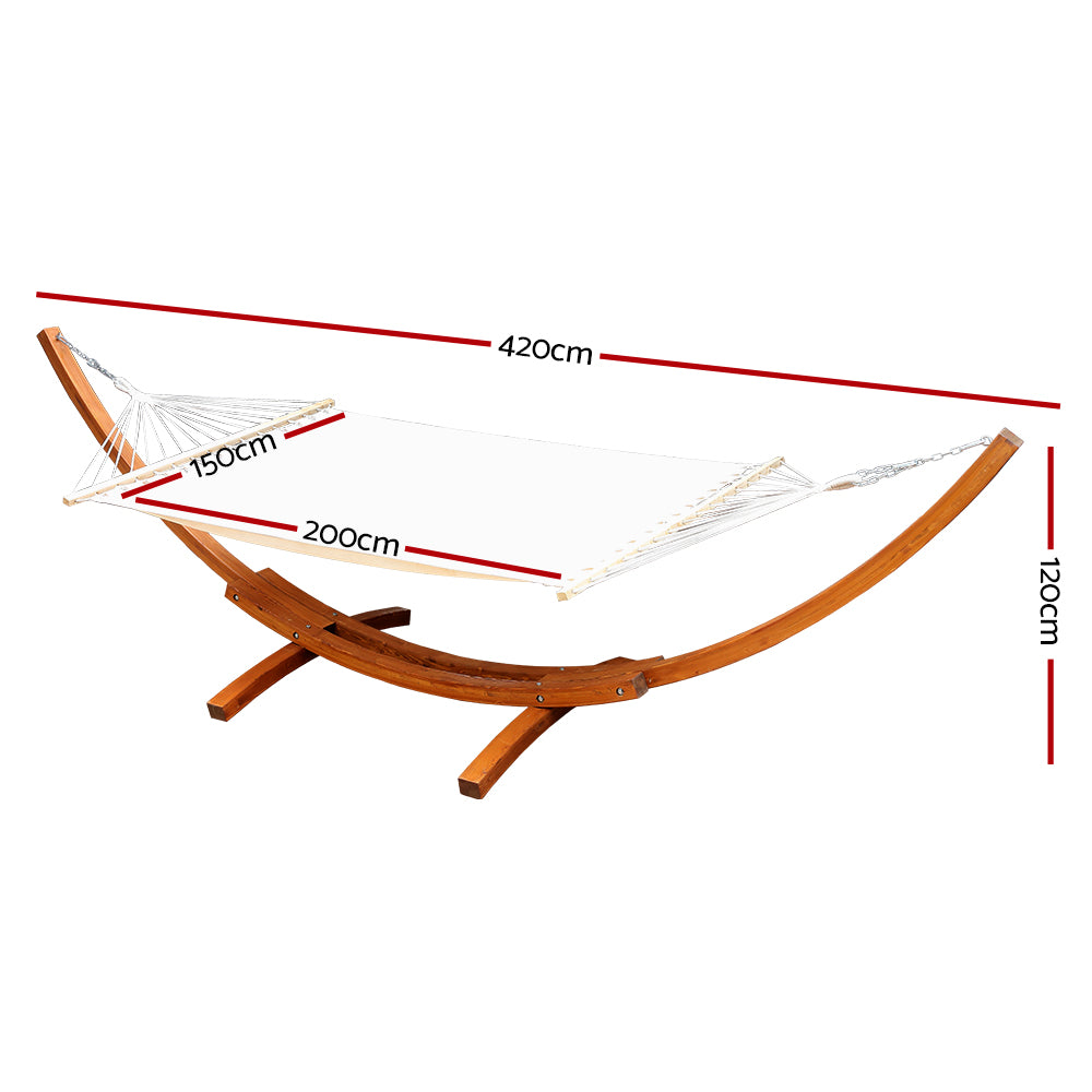 Hammock diagram: frame 420 cm long and 120 cm high; hammock bed 200 by 150 cm.