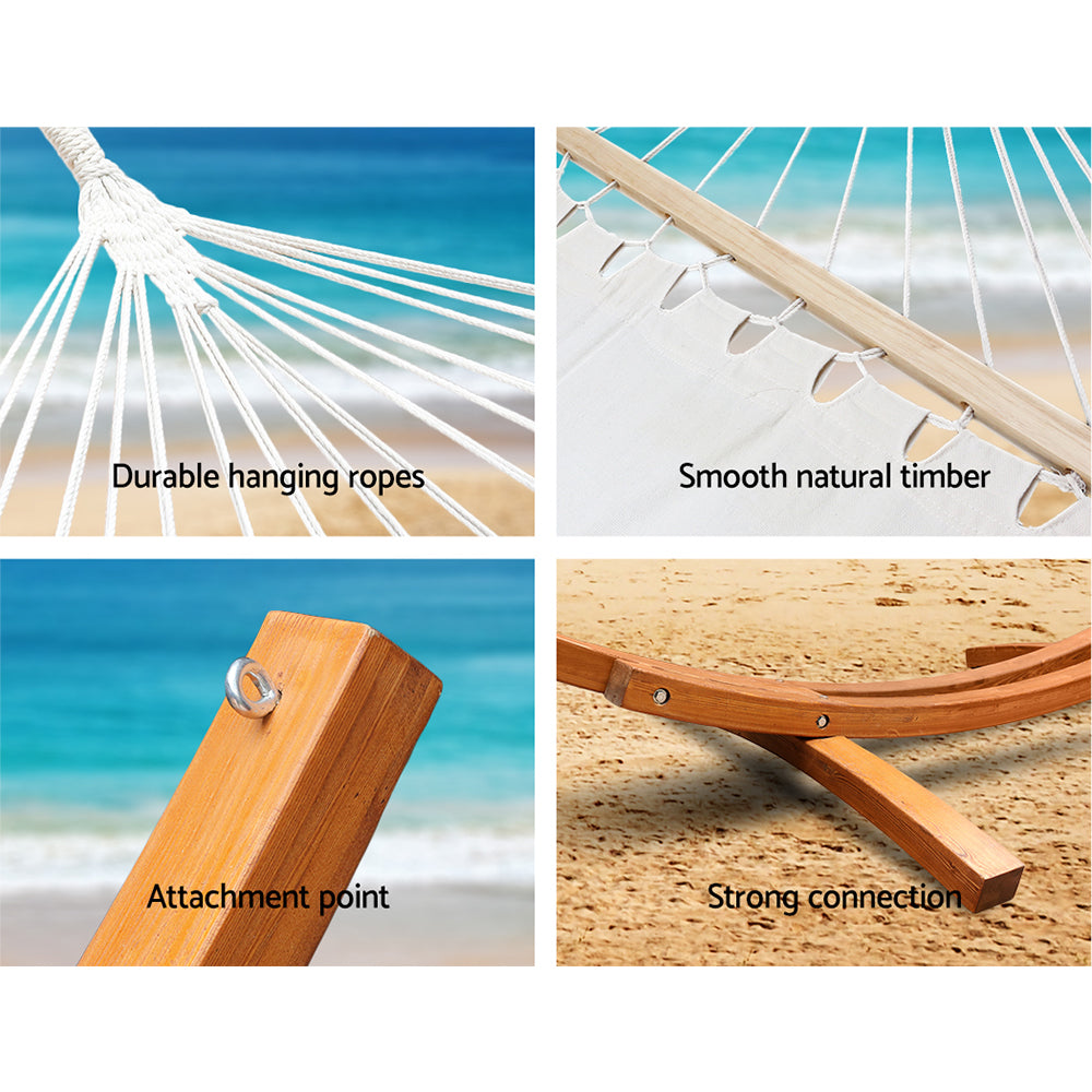 Close-ups of hammock ropes, timber spreader bar, attachment point and stand joint.