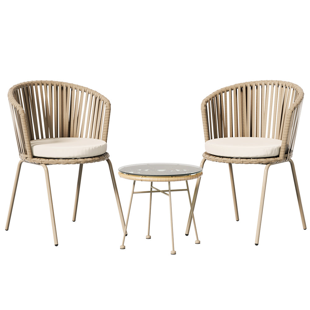 Three-piece coffee set with two rope chairs, two beige seat cushions and a round glass-top table.