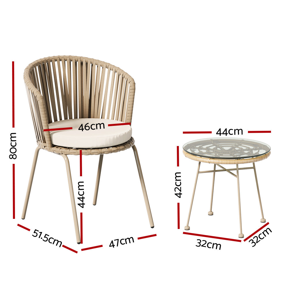 Bistro set dimension diagram: chairs 47 by 51.5 by 80 cm; table 44 cm across and 42 cm high.