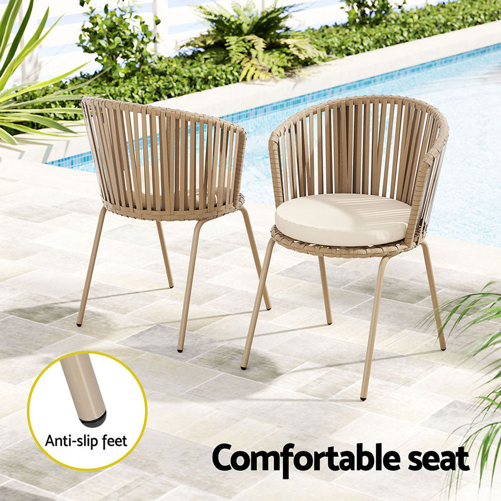 Two cushioned rope chairs beside a pool, with an inset showing a chair foot.