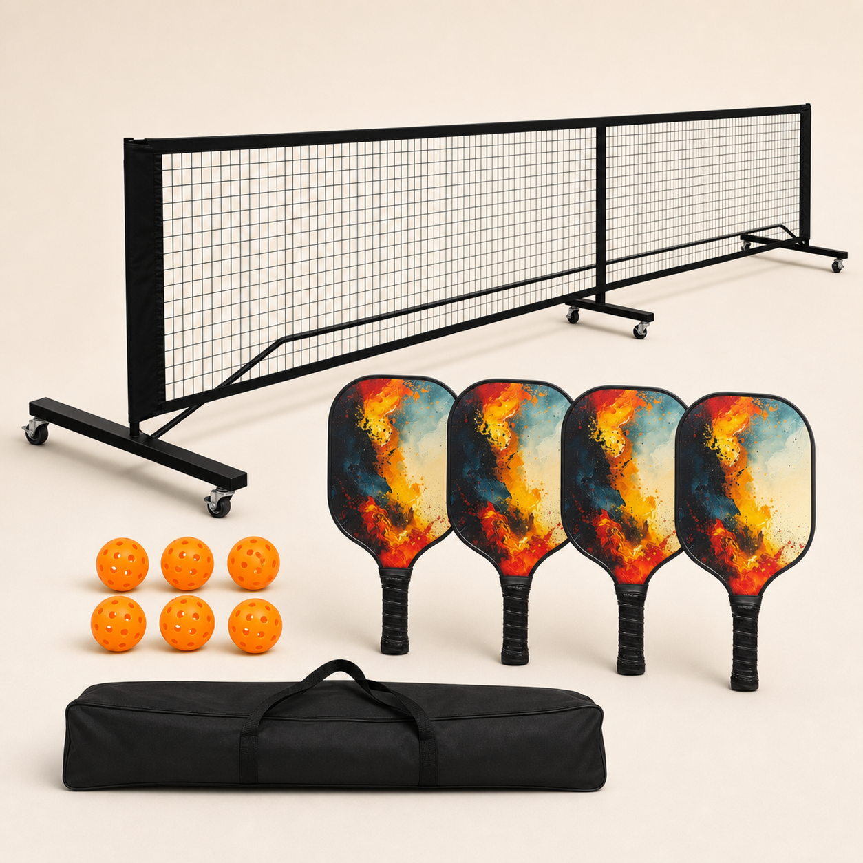 Pickleball Court Bundle — 4 Fibreglass Paddles, Net, 6 Balls & Carry Bag