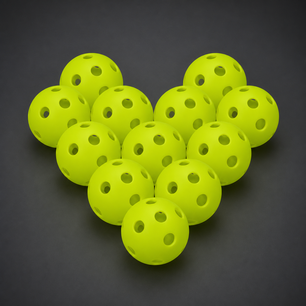 Twelve fluorescent green 26-hole indoor pickleballs on a charcoal studio background