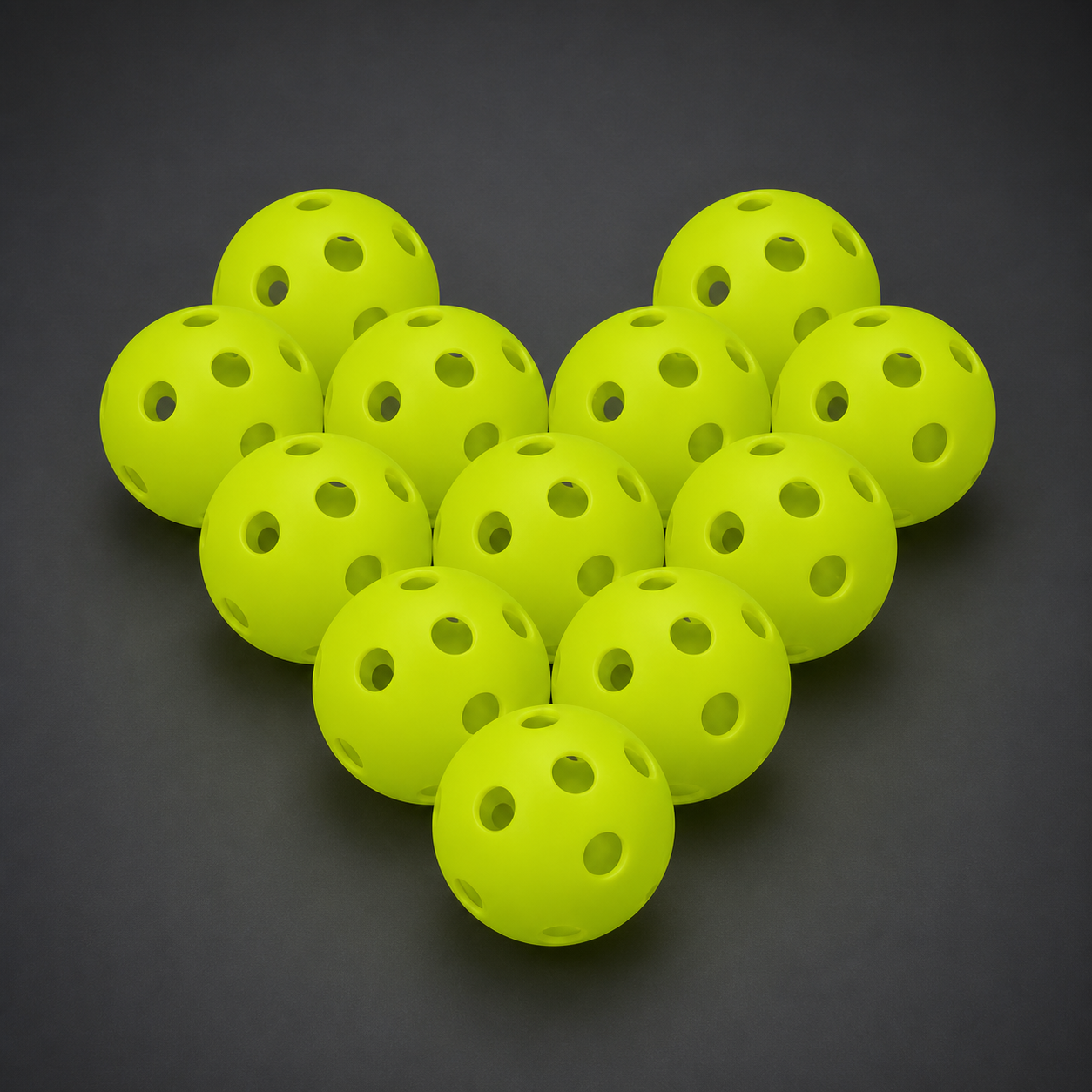 Twelve fluorescent green 26-hole indoor pickleballs on a charcoal studio background