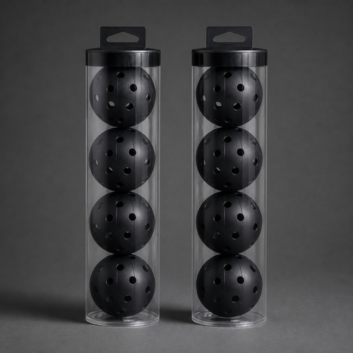 Eight black outdoor pickleballs with two clear carry tubes.
