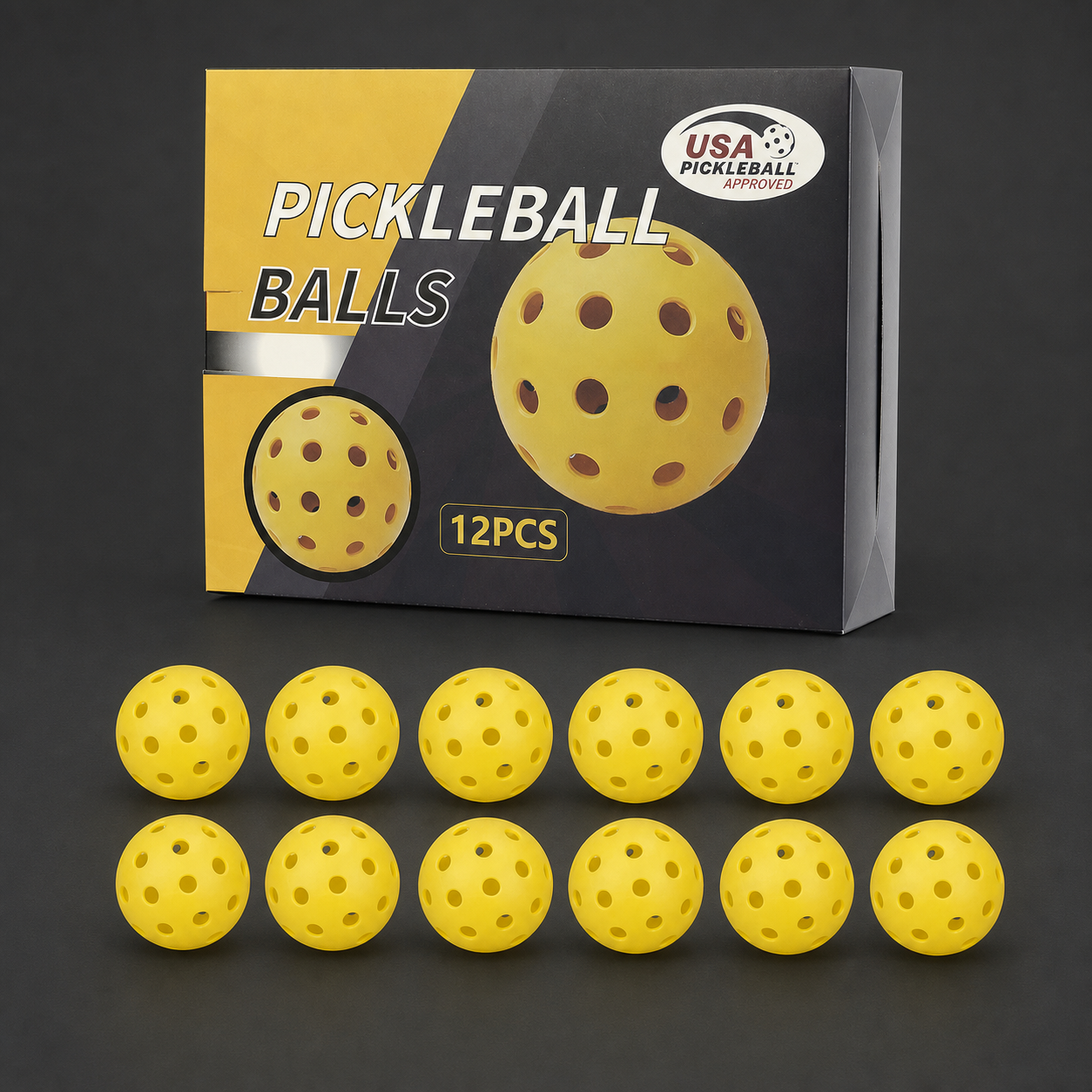 Yellow 12-Pack Outdoor Pickleballs — approved charcoal studio hero