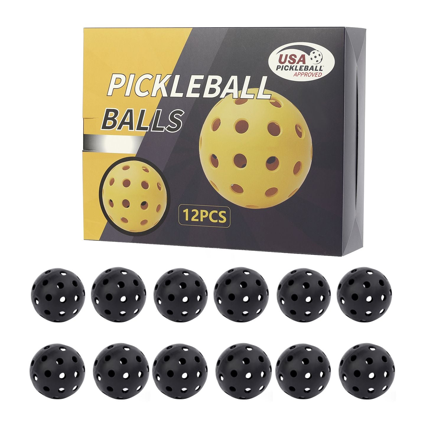 Black 12-Pack Outdoor Pickleballs — 40-Hole Training Balls