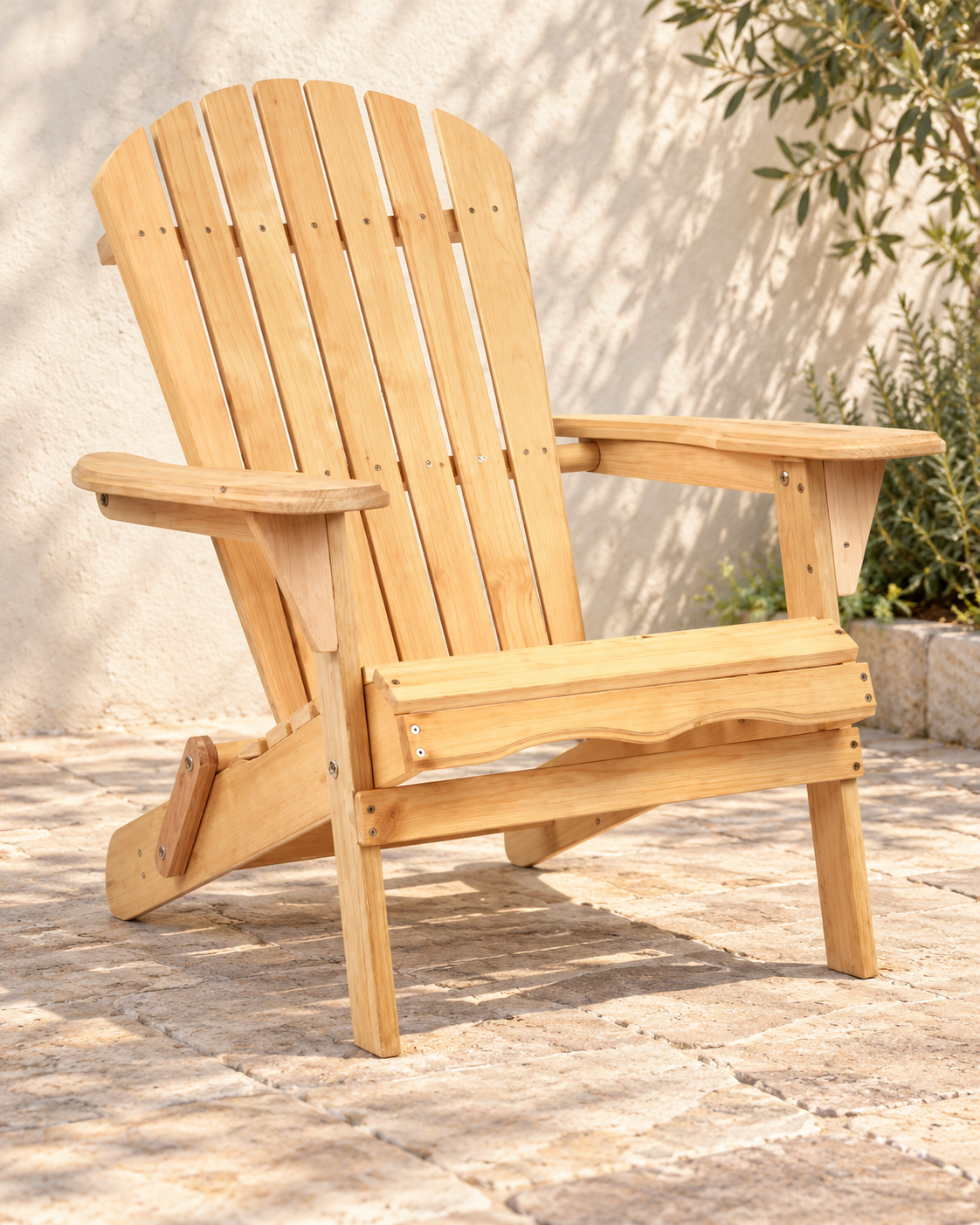 Folding Adirondack Chair — Natural in an AI-assisted styled outdoor setting