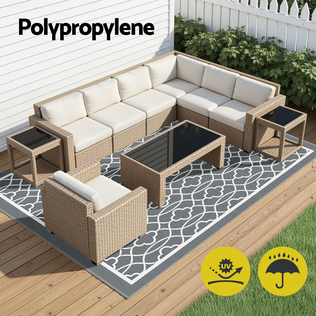 Gardeon Reversible Outdoor Rug in Grey — 274 × 366 cm benefits infographic