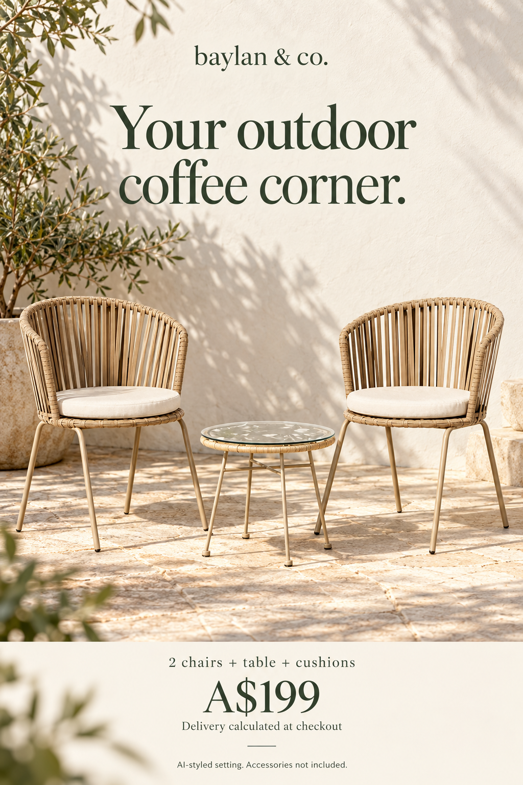 Outdoor Coffee Corner Set: two chairs, table and cushions, A$199. Delivery calculated at checkout. AI-styled setting.