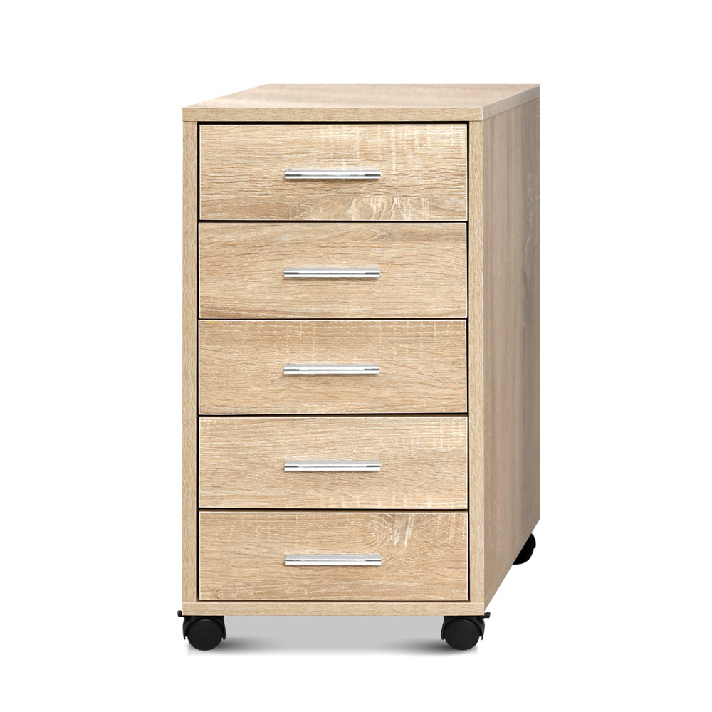 Artiss 5-Drawer Mobile Filing Cabinet in Wood Finish dimensions inclusions