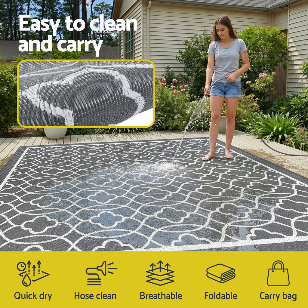 Gardeon Reversible Outdoor Rug in Grey — 274 × 366 cm dimensions inclusions