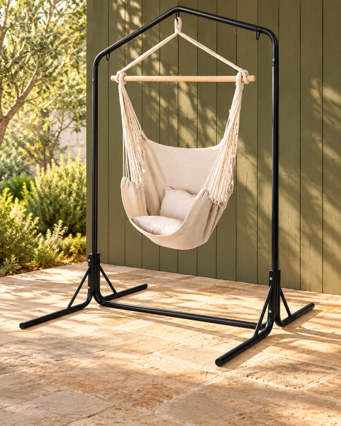 Hanging Chair &amp; Steel Stand — Cream in an AI-assisted styled outdoor setting