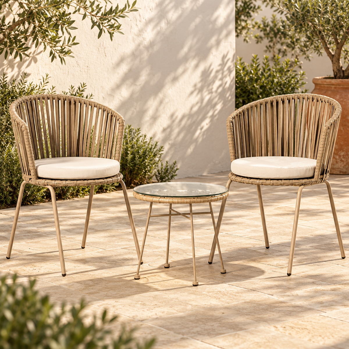 AI-styled courtyard with the beige three-piece rope bistro set; supplier photographs show exact product details.