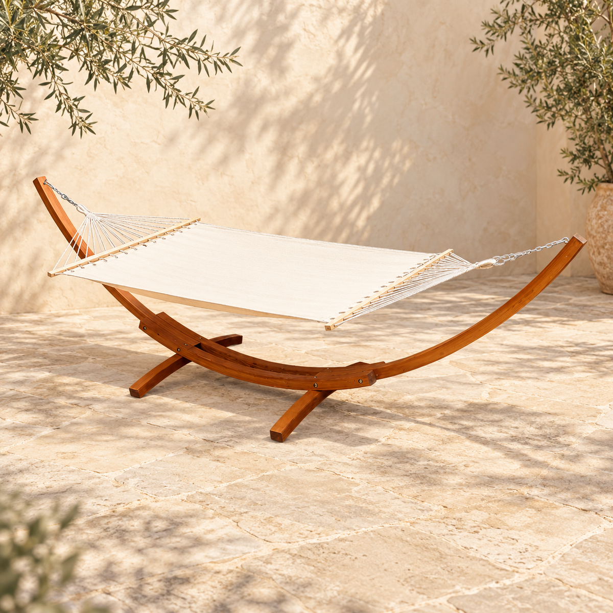 Double Hammock &amp; Timber Stand — Cream in an AI-assisted styled outdoor setting