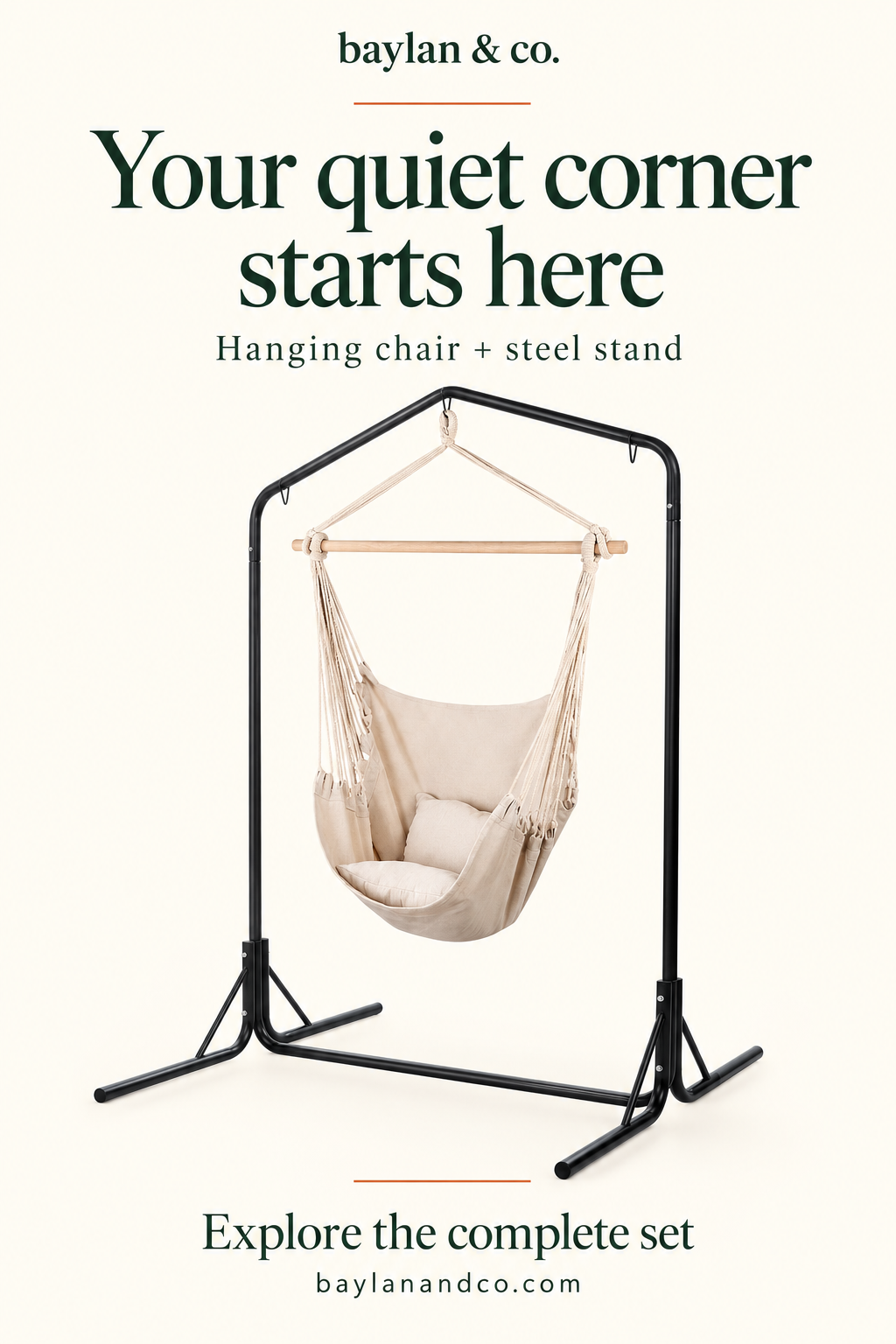 AI-assisted promotional illustration — Hanging Chair & Steel Stand — Cream. Refer to supplier photographs and product specifications.