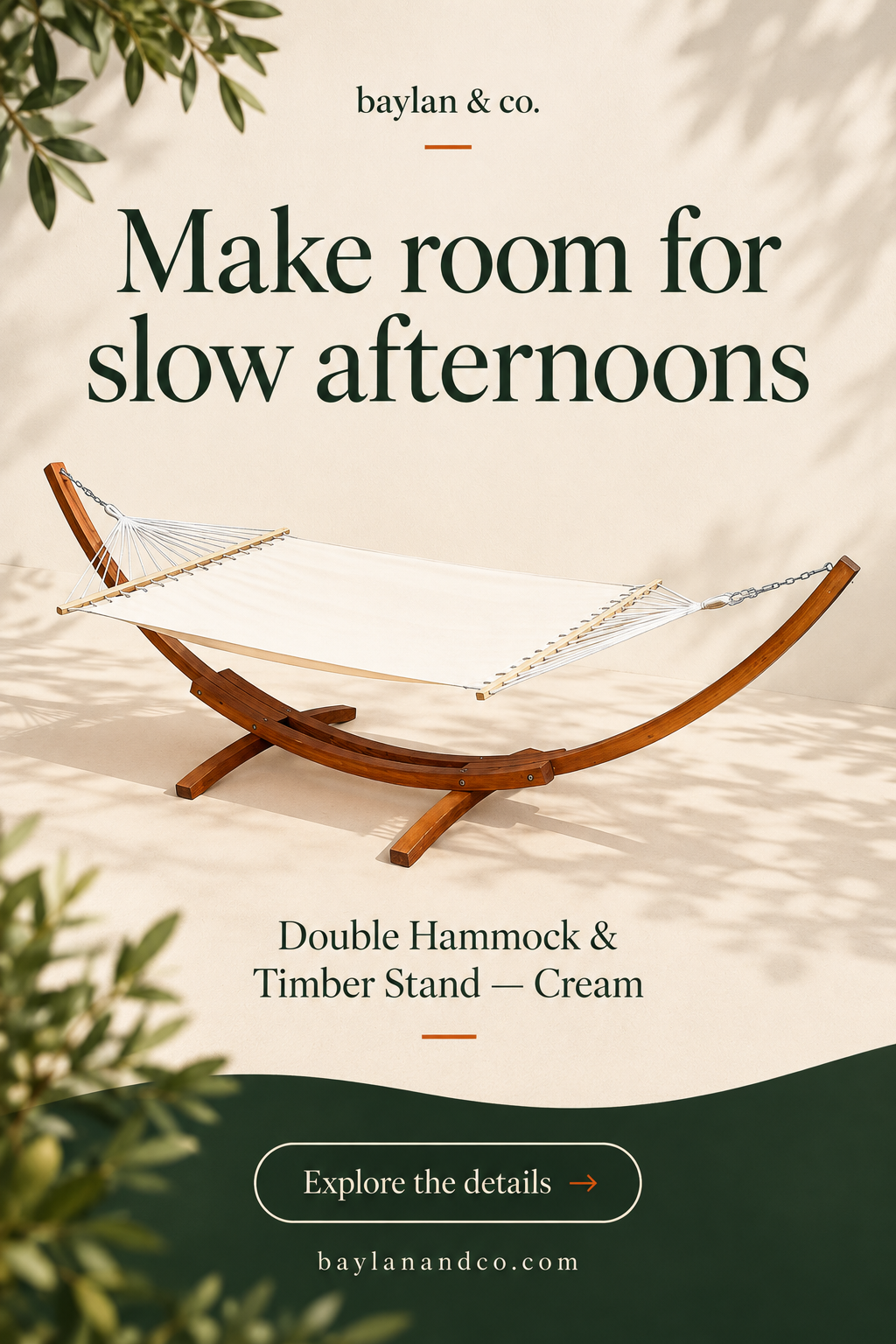AI-assisted promotional illustration — Double Hammock & Timber Stand — Cream. Refer to supplier photographs and product specifications.