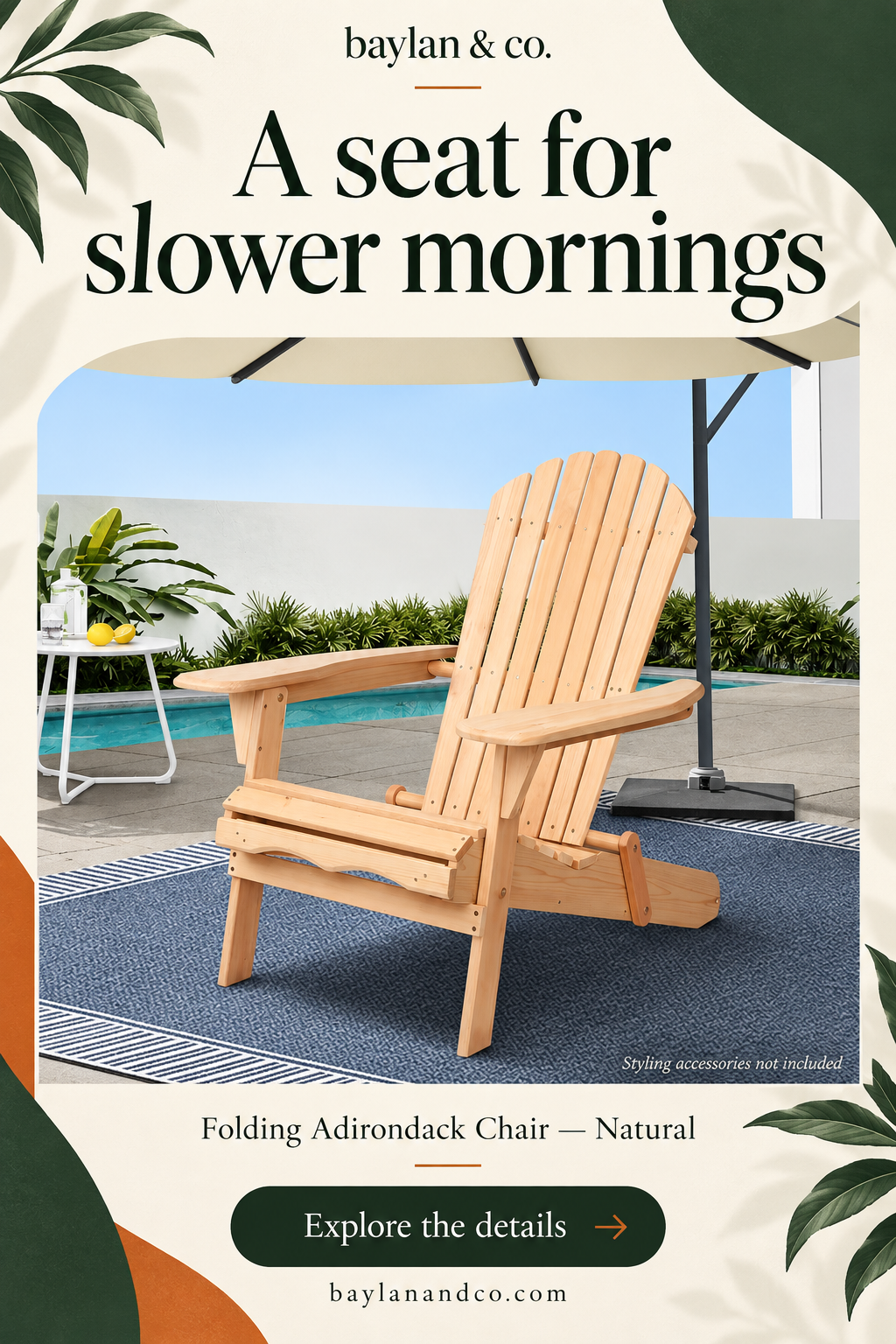 AI-assisted promotional illustration — Folding Adirondack Chair — Natural. Refer to supplier photographs and product specifications.