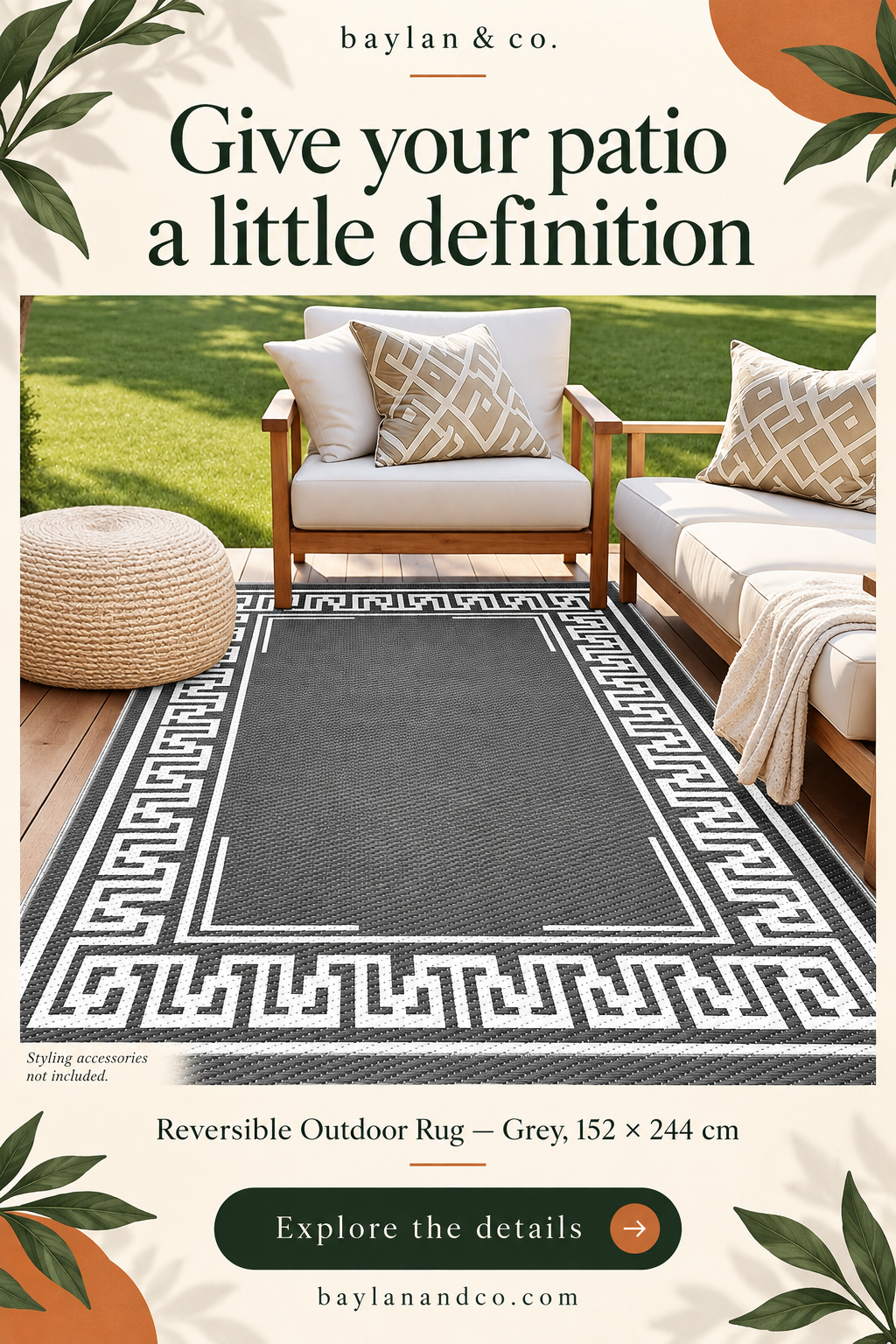 AI-assisted promotional illustration — Reversible Outdoor Rug — Grey, 152 × 244 cm. Refer to supplier photographs and product specifications.