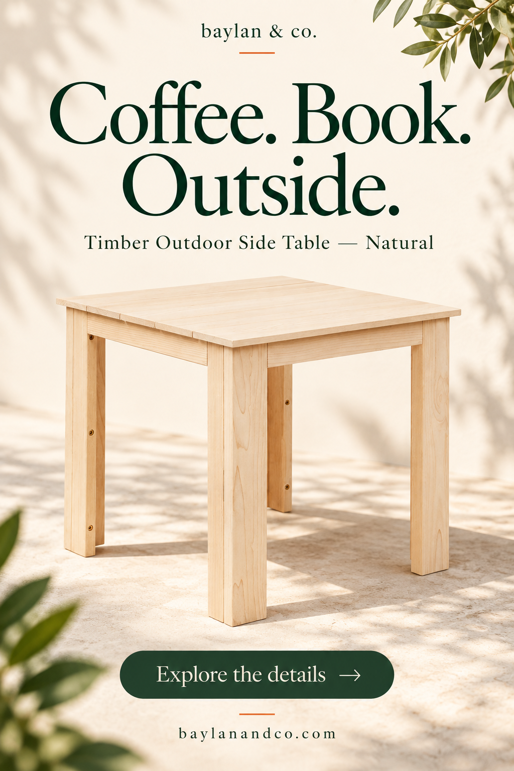 AI-assisted promotional illustration — Timber Outdoor Side Table — Natural. Refer to supplier photographs and product specifications.