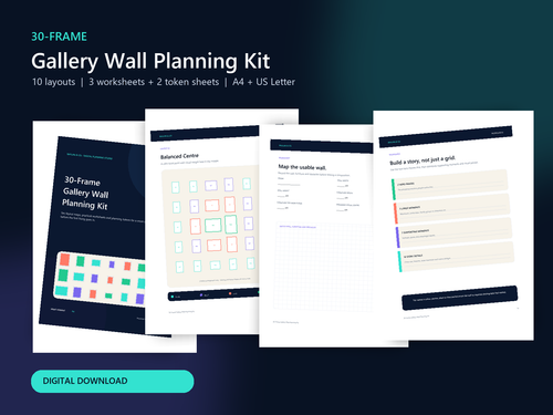 Baylan and Co 30-frame gallery wall planning kit with printable layout and worksheet previews